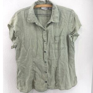 Linen Button Down Shirt Womens XL Green Gorpcore Lagenlook Granola Modest Boho